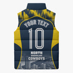 Personalised North Queensland Cowboys Mascot Rugby Sleeveless Puffer Jacket Townsville Cityscape Athletic Graphic Print