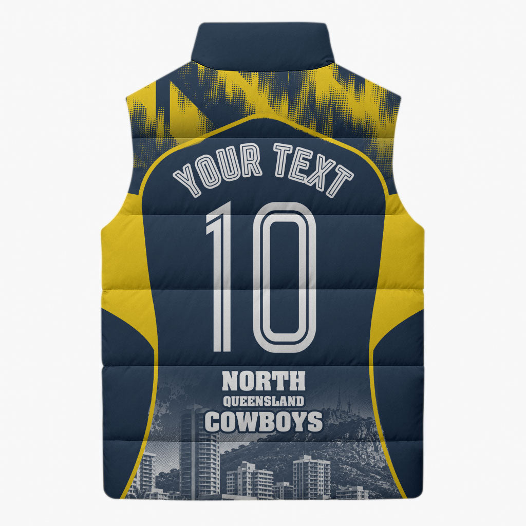 Personalised North Queensland Cowboys Mascot Rugby Sleeveless Puffer Jacket Townsville Cityscape Athletic Graphic Print
