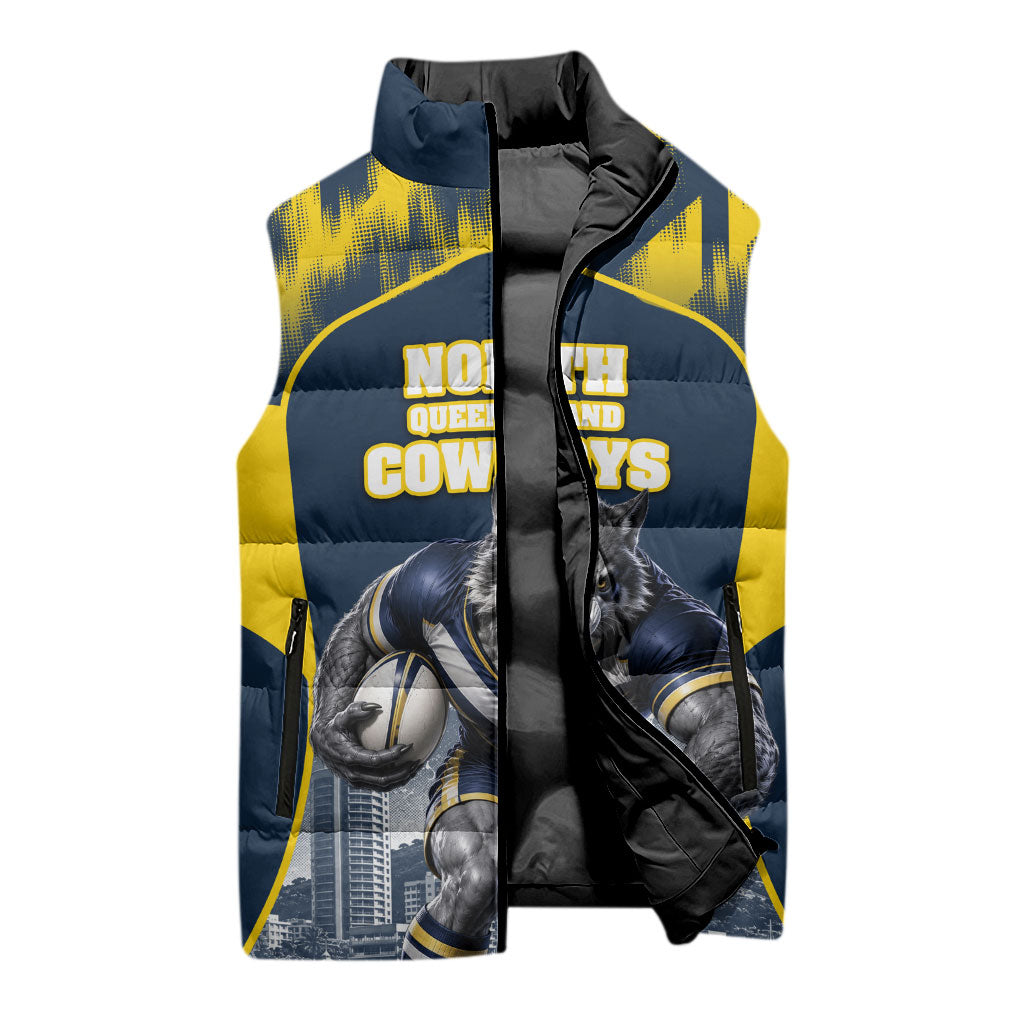 Personalised North Queensland Cowboys Mascot Rugby Sleeveless Puffer Jacket Townsville Cityscape Athletic Graphic Print
