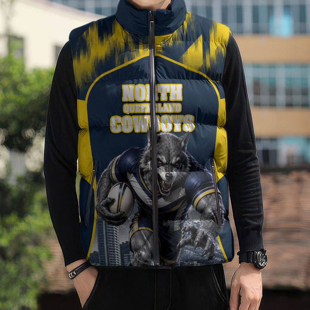Personalised North Queensland Cowboys Mascot Rugby Sleeveless Puffer Jacket Townsville Cityscape Athletic Graphic Print