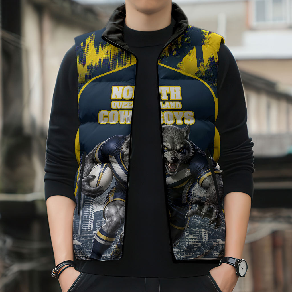 Personalised North Queensland Cowboys Mascot Rugby Sleeveless Puffer Jacket Townsville Cityscape Athletic Graphic Print
