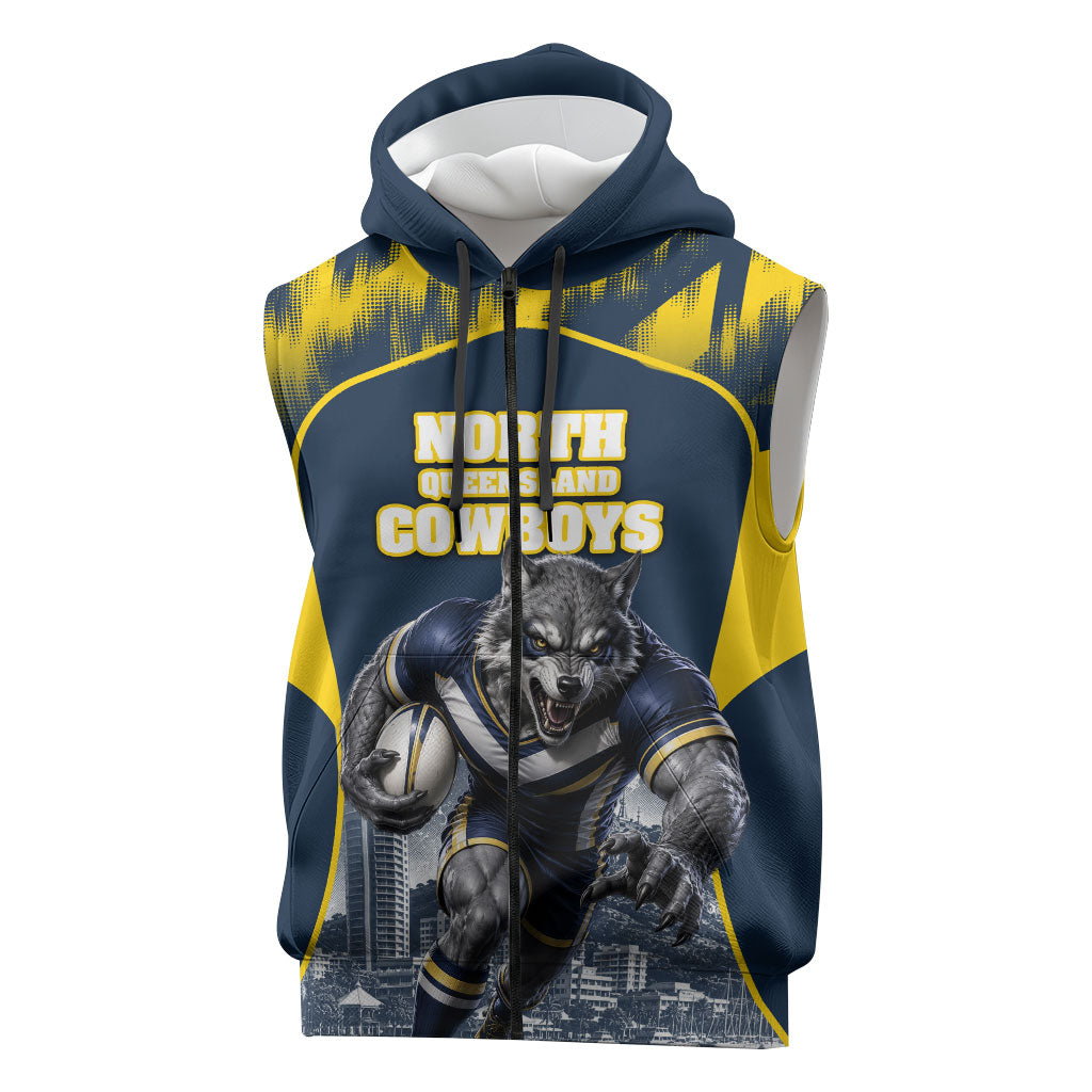 Personalised North Queensland Cowboys Mascot Rugby Sleeveless Zip Hoodie Townsville Cityscape Athletic Graphic Print