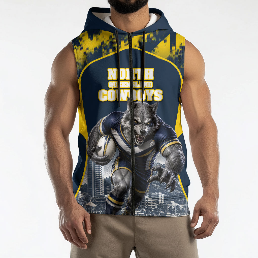 Personalised North Queensland Cowboys Mascot Rugby Sleeveless Zip Hoodie Townsville Cityscape Athletic Graphic Print