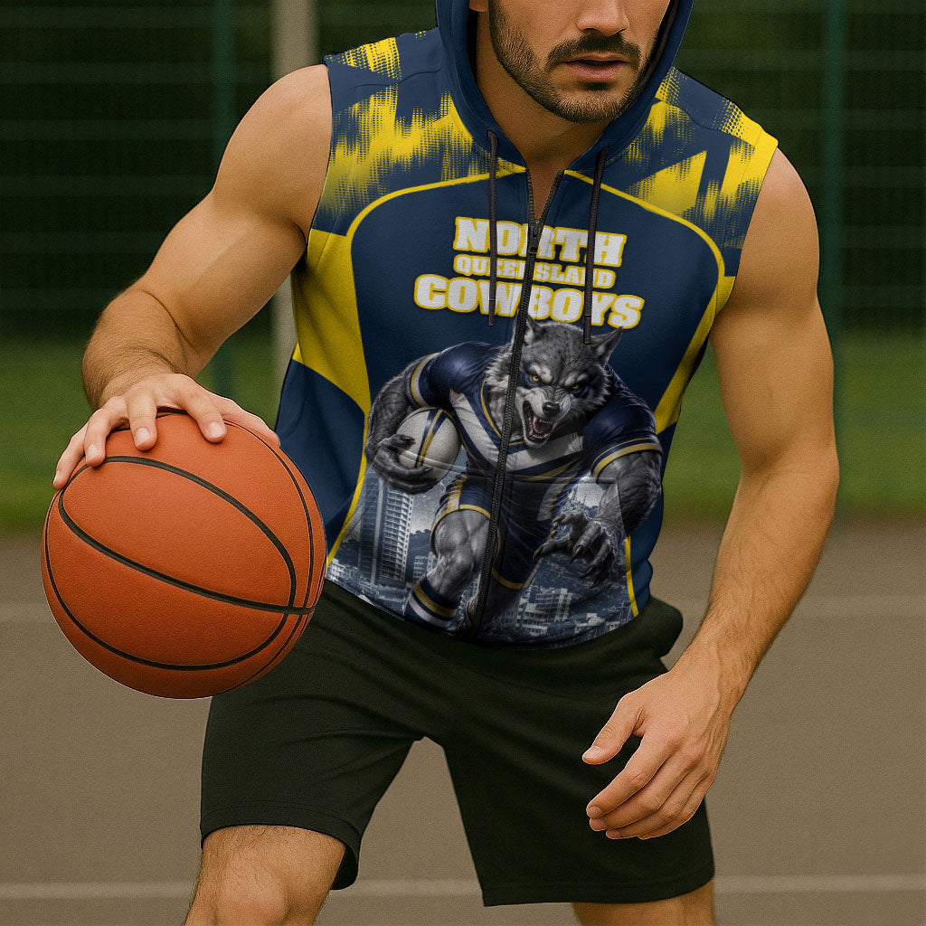 Personalised North Queensland Cowboys Mascot Rugby Sleeveless Zip Hoodie Townsville Cityscape Athletic Graphic Print