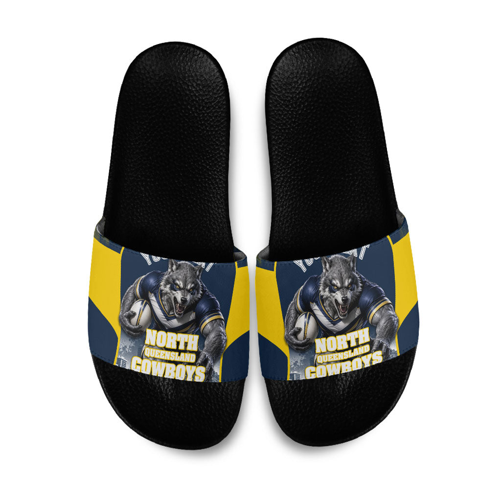 Personalised North Queensland Cowboys Mascot Rugby Slide Sandals Townsville Cityscape Athletic Graphic Print