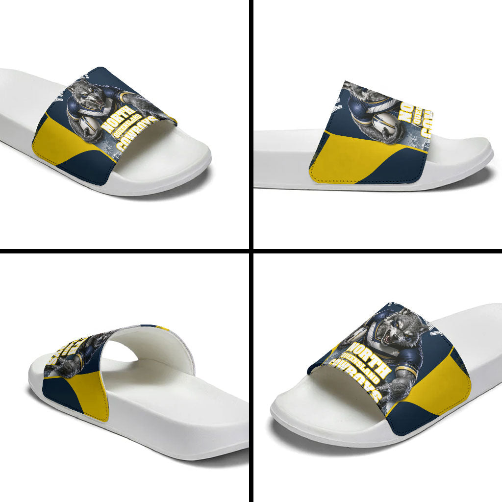 Personalised North Queensland Cowboys Mascot Rugby Slide Sandals Townsville Cityscape Athletic Graphic Print
