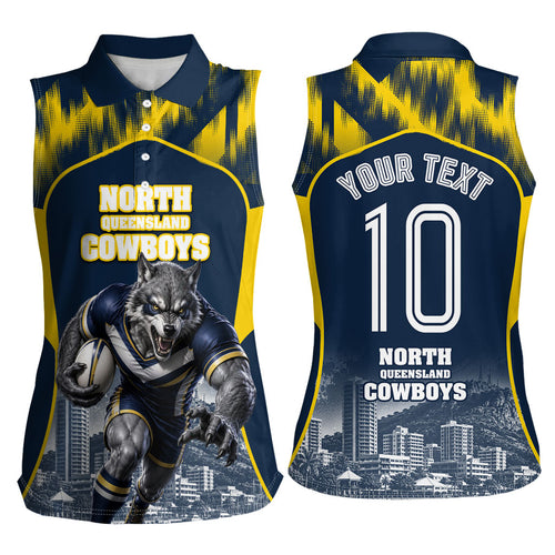 Personalised North Queensland Cowboys Mascot Rugby Women Sleeveless Polo Shirt Townsville Cityscape Athletic Graphic Print
