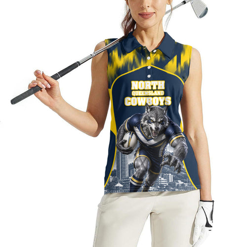 Personalised North Queensland Cowboys Mascot Rugby Women Sleeveless Polo Shirt Townsville Cityscape Athletic Graphic Print