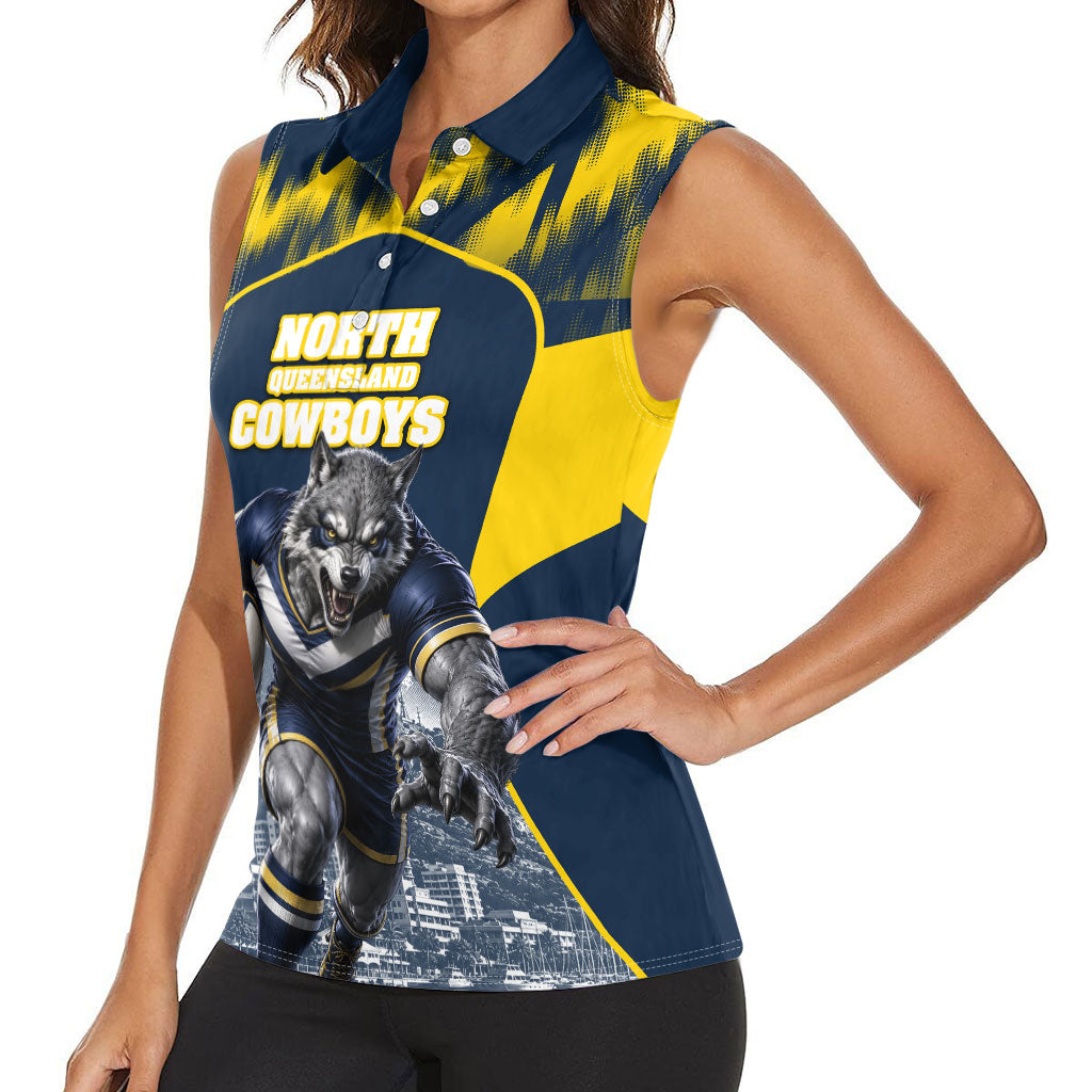 Personalised North Queensland Cowboys Mascot Rugby Women Sleeveless Polo Shirt Townsville Cityscape Athletic Graphic Print