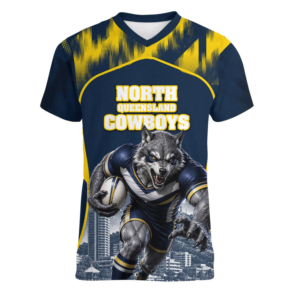 Personalised North Queensland Cowboys Mascot Rugby Women V-Neck T-Shirt Townsville Cityscape Athletic Graphic Print