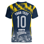 Personalised North Queensland Cowboys Mascot Rugby Women V-Neck T-Shirt Townsville Cityscape Athletic Graphic Print