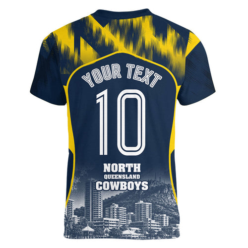 Personalised North Queensland Cowboys Mascot Rugby Women V-Neck T-Shirt Townsville Cityscape Athletic Graphic Print