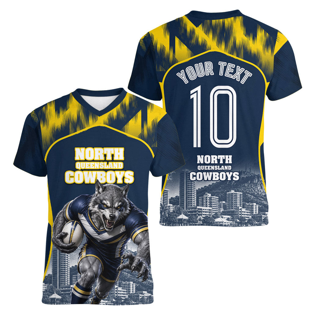 Personalised North Queensland Cowboys Mascot Rugby Women V-Neck T-Shirt Townsville Cityscape Athletic Graphic Print