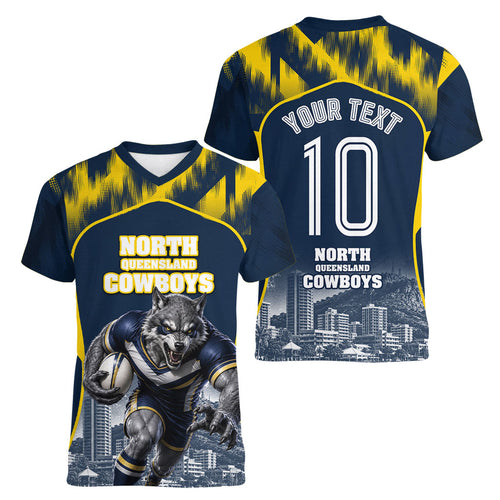 Personalised North Queensland Cowboys Mascot Rugby Women V-Neck T-Shirt Townsville Cityscape Athletic Graphic Print