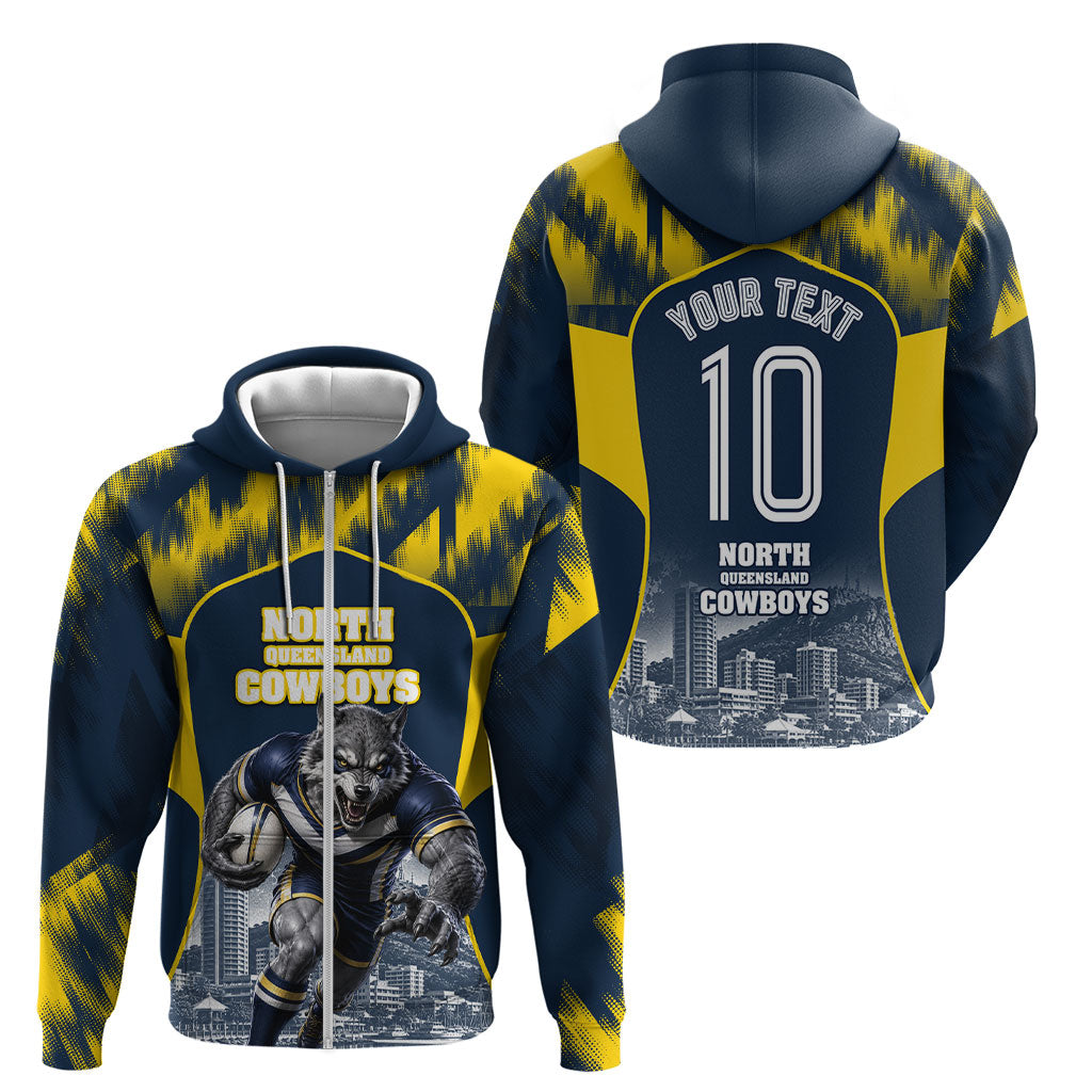 Personalised North Queensland Cowboys Mascot Rugby Zip Hoodie Townsville Cityscape Athletic Graphic Print