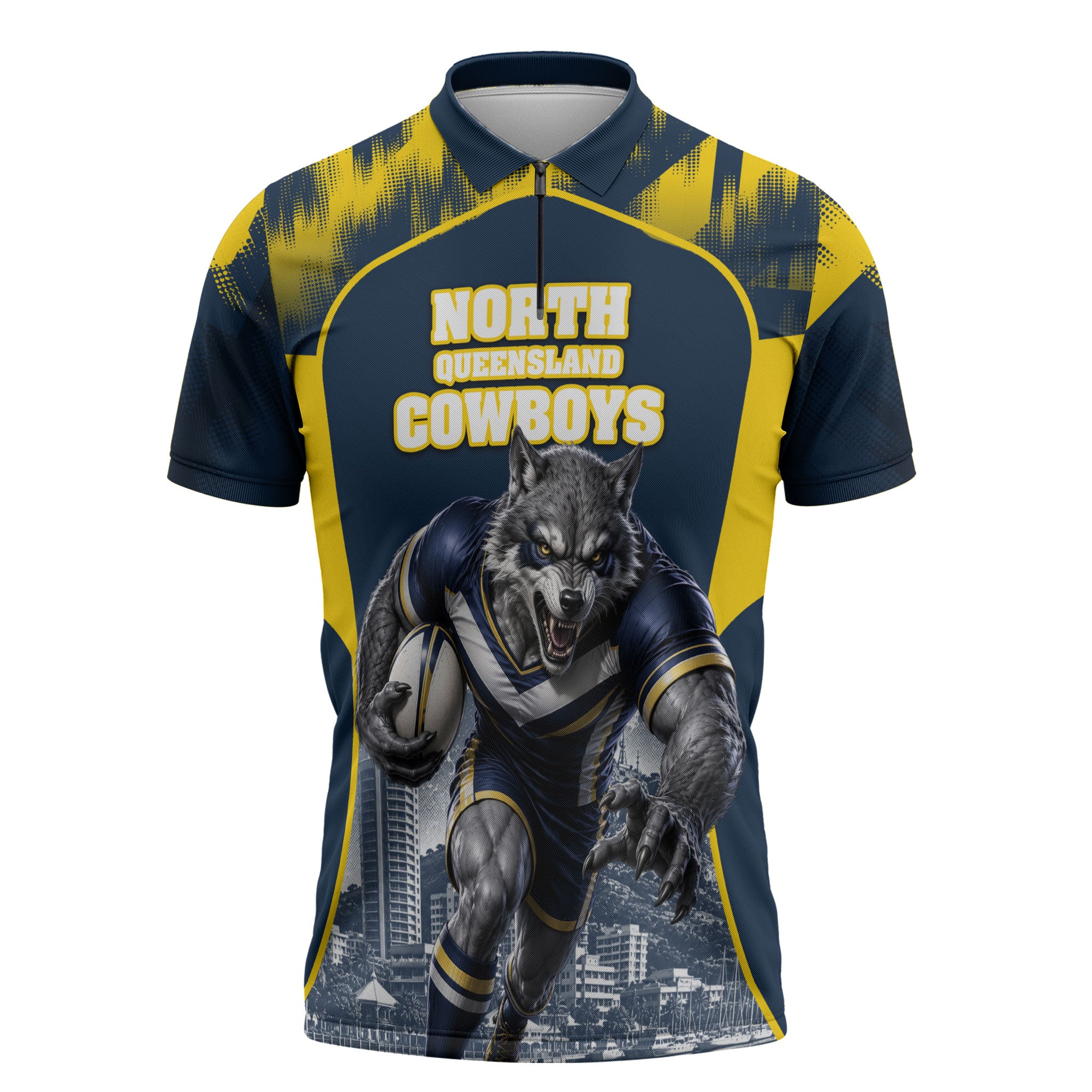 Personalised North Queensland Cowboys Mascot Rugby Zipper Polo Shirt Townsville Cityscape Athletic Graphic Print