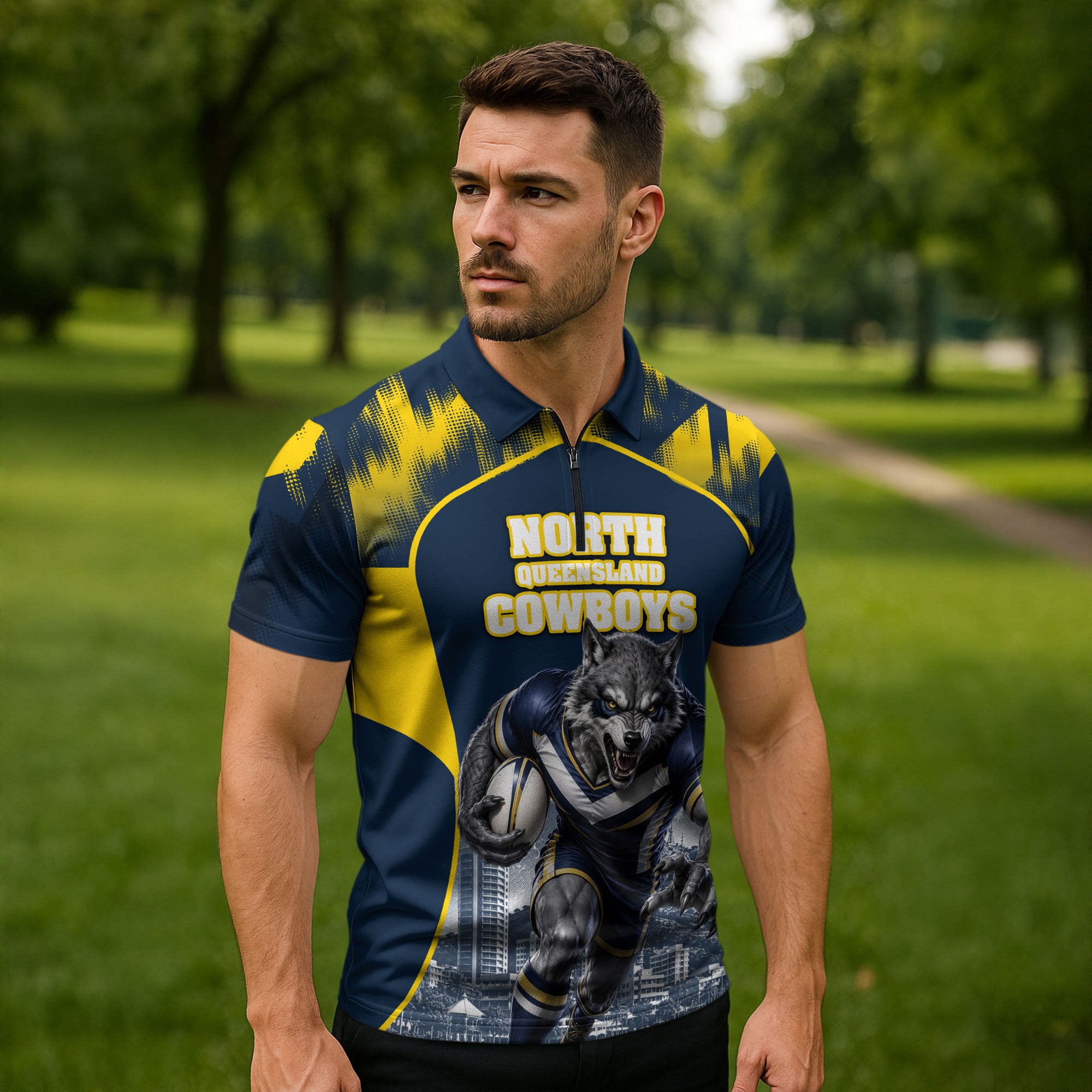 Personalised North Queensland Cowboys Mascot Rugby Zipper Polo Shirt Townsville Cityscape Athletic Graphic Print