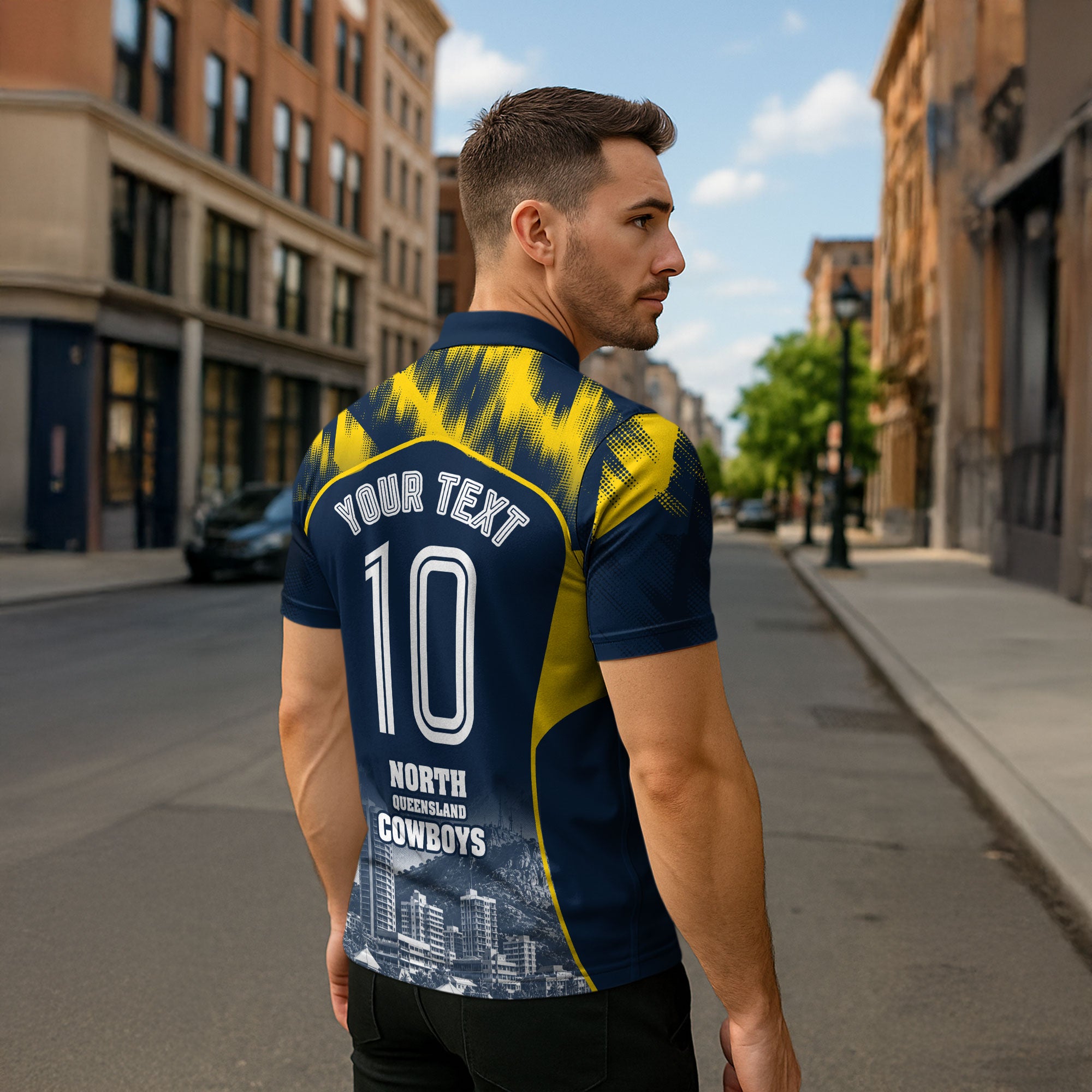 Personalised North Queensland Cowboys Mascot Rugby Zipper Polo Shirt Townsville Cityscape Athletic Graphic Print