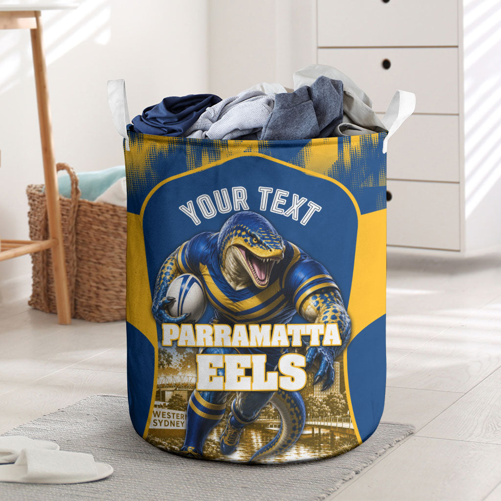 Personalised Parramatta Eels Mascot Rugby Laundry Basket Parramatta Cityscape Athletic Graphic Print