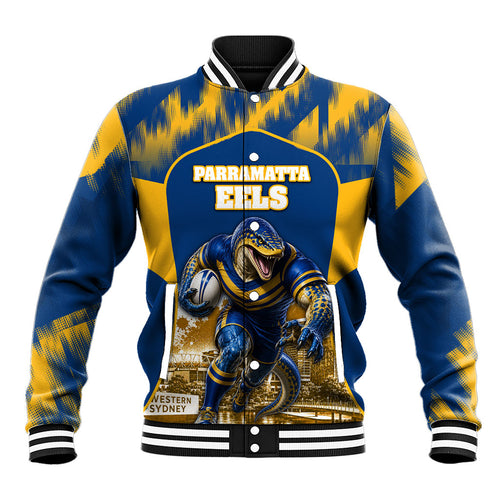 Personalised Parramatta Eels Mascot Rugby Baseball Jacket Parramatta Cityscape Athletic Graphic Print