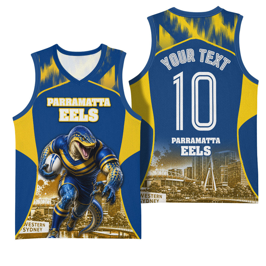 Personalised Parramatta Eels Mascot Rugby Basketball Jersey Parramatta Cityscape Athletic Graphic Print