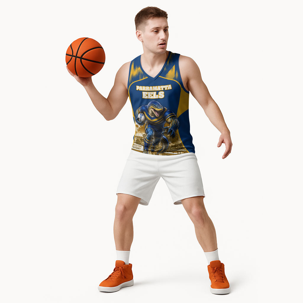 Personalised Parramatta Eels Mascot Rugby Basketball Jersey Parramatta Cityscape Athletic Graphic Print