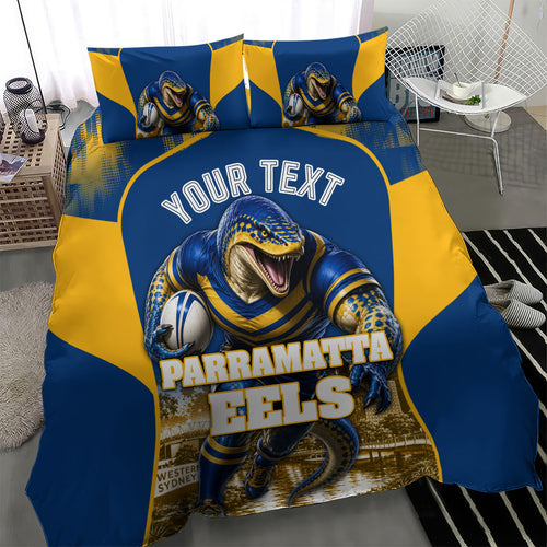 Personalised Parramatta Eels Mascot Rugby Bedding Set Parramatta Cityscape Athletic Graphic Print