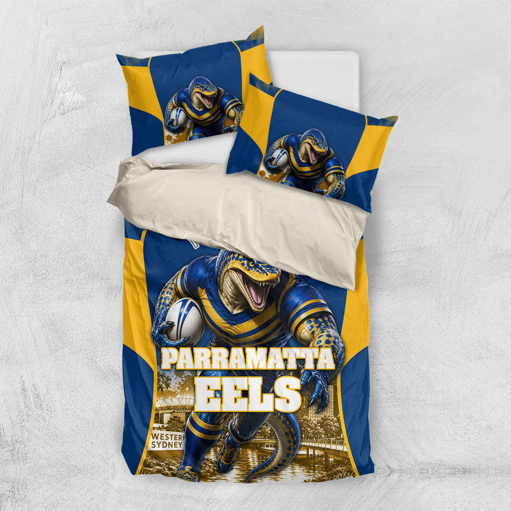 Personalised Parramatta Eels Mascot Rugby Bedding Set Parramatta Cityscape Athletic Graphic Print