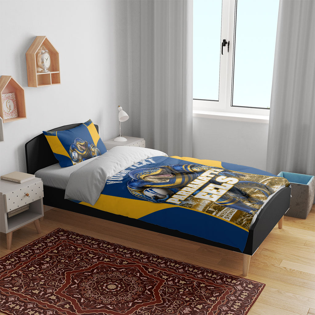 Personalised Parramatta Eels Mascot Rugby Bedding Set Parramatta Cityscape Athletic Graphic Print