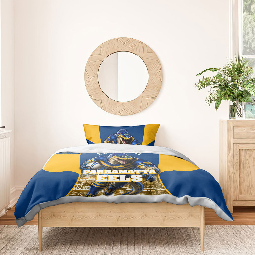 Personalised Parramatta Eels Mascot Rugby Bedding Set Parramatta Cityscape Athletic Graphic Print