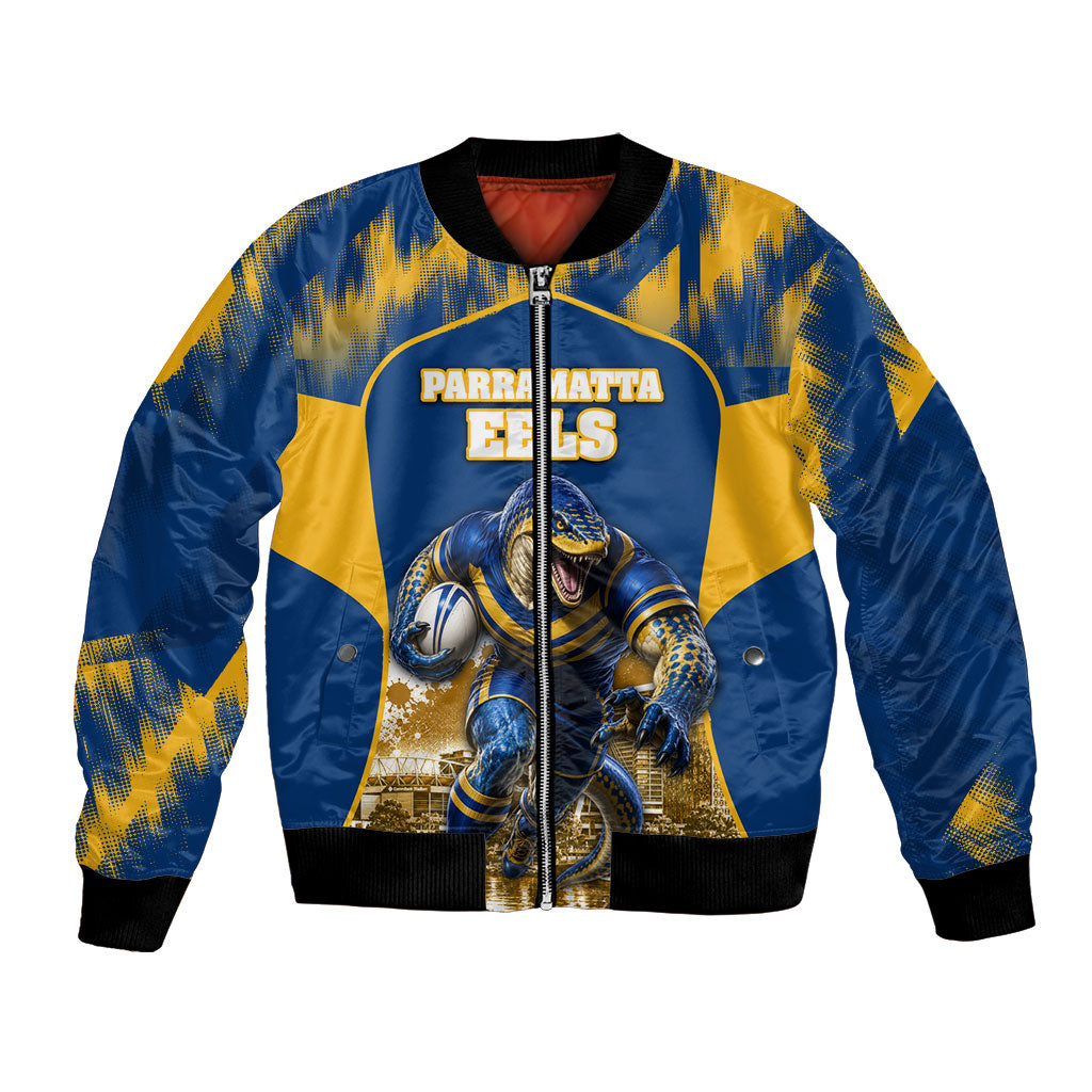 Personalised Parramatta Eels Mascot Rugby Bomber Jacket Parramatta Cityscape Athletic Graphic Print