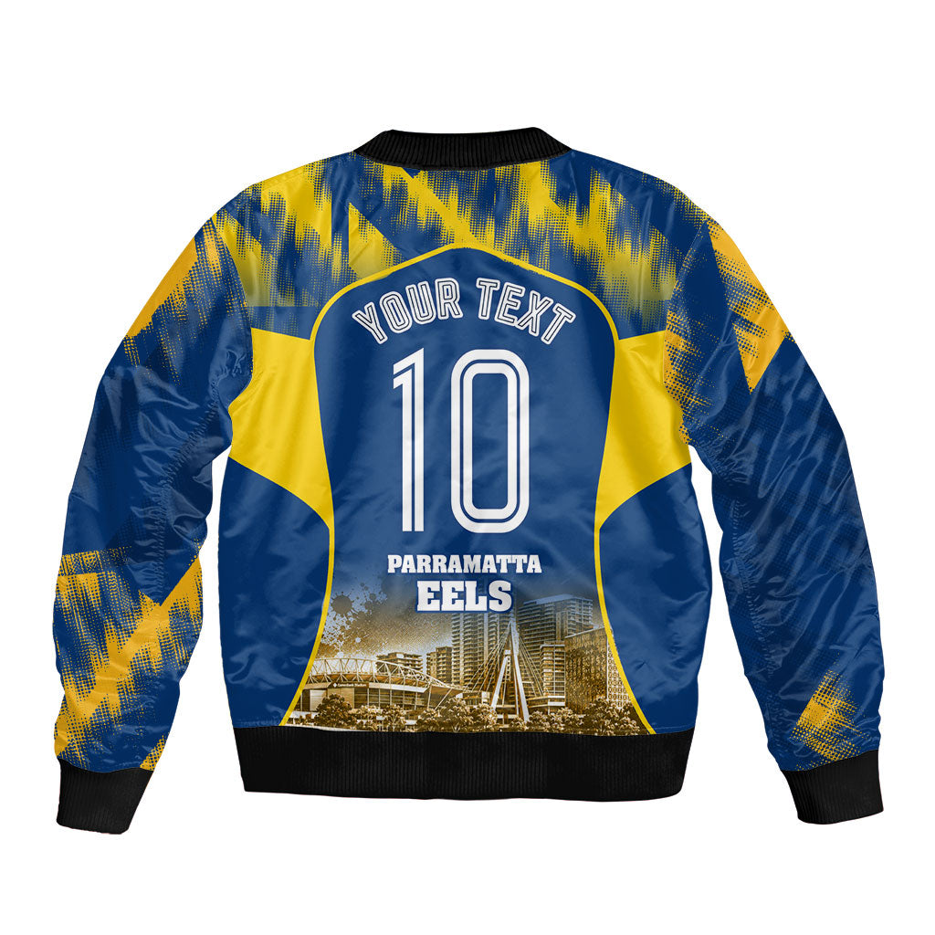Personalised Parramatta Eels Mascot Rugby Bomber Jacket Parramatta Cityscape Athletic Graphic Print
