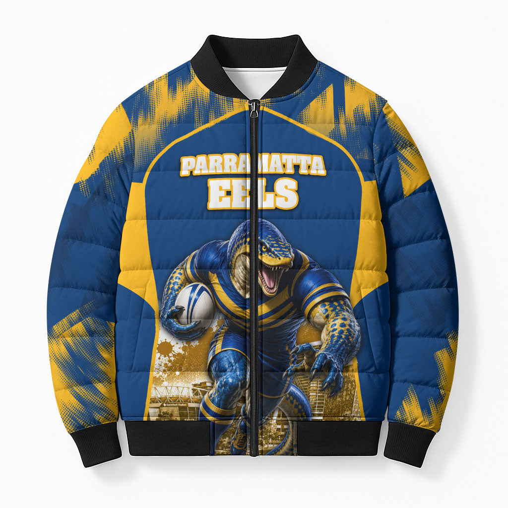 Personalised Parramatta Eels Mascot Rugby Bomber Puffer Jacket Parramatta Cityscape Athletic Graphic Print