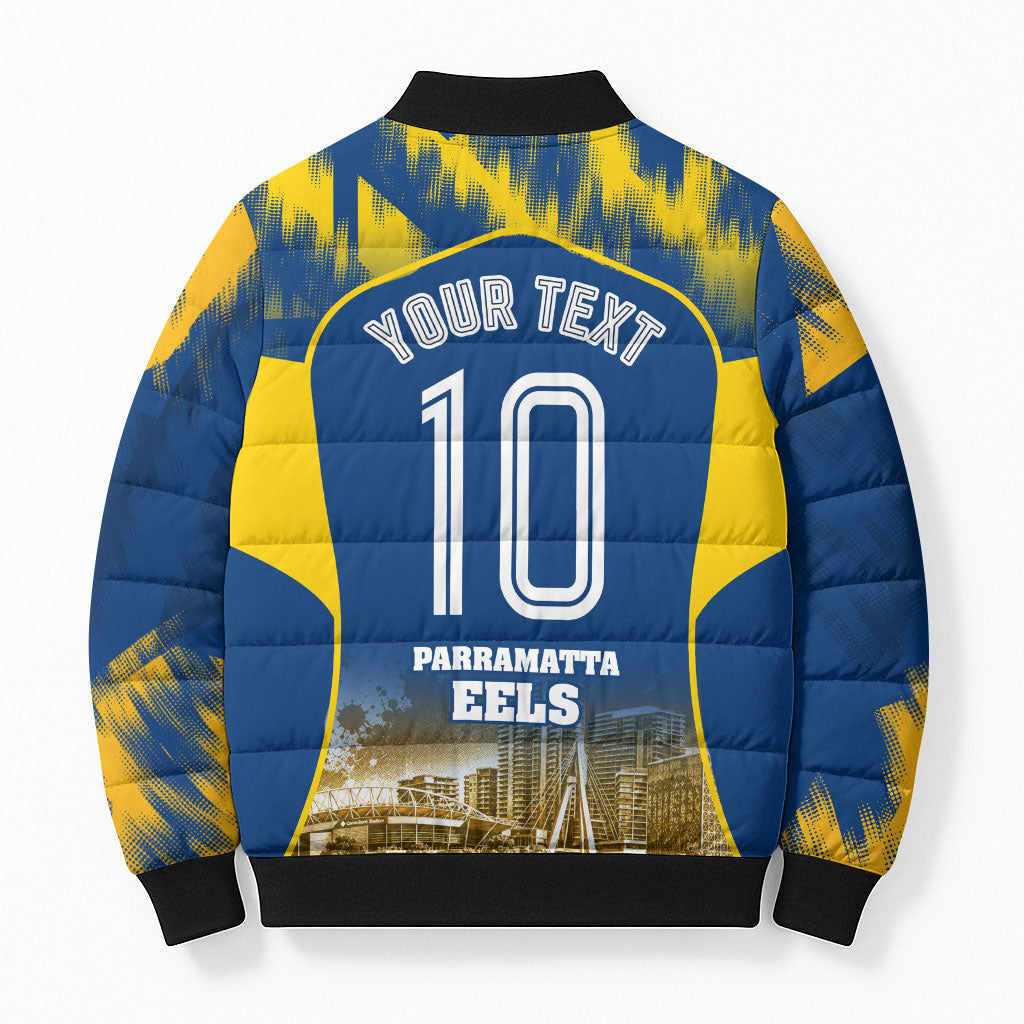 Personalised Parramatta Eels Mascot Rugby Bomber Puffer Jacket Parramatta Cityscape Athletic Graphic Print