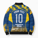 Personalised Parramatta Eels Mascot Rugby Bomber Puffer Jacket Parramatta Cityscape Athletic Graphic Print