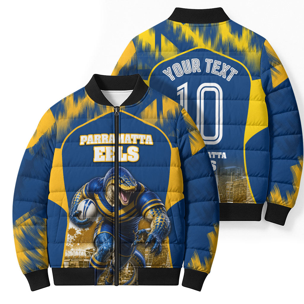 Personalised Parramatta Eels Mascot Rugby Bomber Puffer Jacket Parramatta Cityscape Athletic Graphic Print