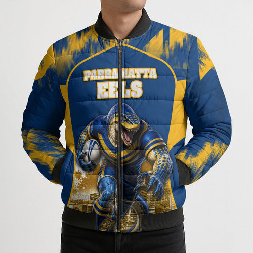 Personalised Parramatta Eels Mascot Rugby Bomber Puffer Jacket Parramatta Cityscape Athletic Graphic Print