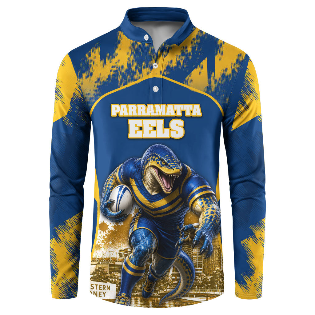 Personalised Parramatta Eels Mascot Rugby Button Sweatshirt Parramatta Cityscape Athletic Graphic Print