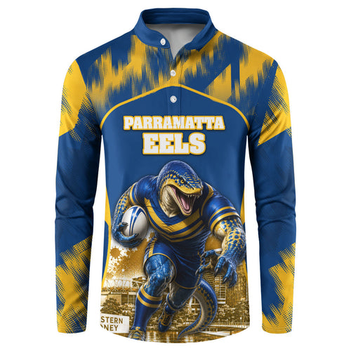 Personalised Parramatta Eels Mascot Rugby Button Sweatshirt Parramatta Cityscape Athletic Graphic Print