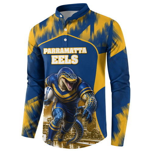 Personalised Parramatta Eels Mascot Rugby Button Sweatshirt Parramatta Cityscape Athletic Graphic Print