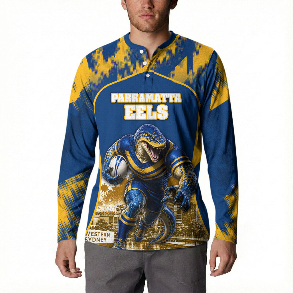 Personalised Parramatta Eels Mascot Rugby Button Sweatshirt Parramatta Cityscape Athletic Graphic Print