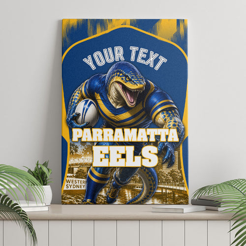 Personalised Parramatta Eels Mascot Rugby Canvas Wall Art Parramatta Cityscape Athletic Graphic Print