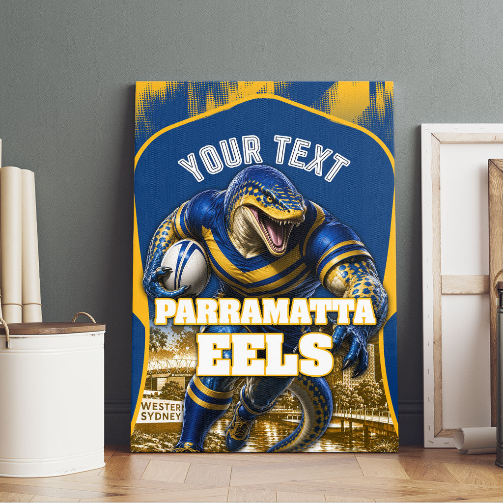Personalised Parramatta Eels Mascot Rugby Canvas Wall Art Parramatta Cityscape Athletic Graphic Print