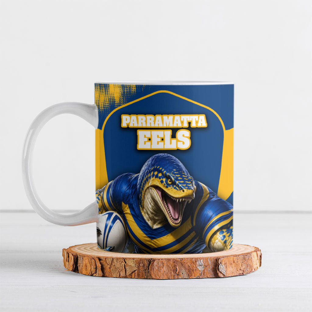 Personalised Parramatta Eels Mascot Rugby Ceramic Mug Parramatta Cityscape Athletic Graphic Print