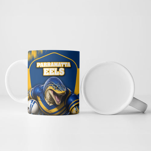 Personalised Parramatta Eels Mascot Rugby Ceramic Mug Parramatta Cityscape Athletic Graphic Print