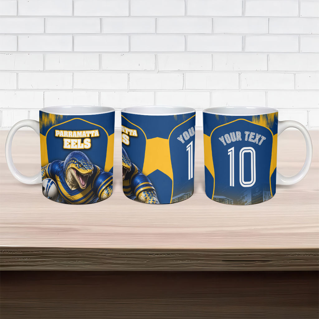 Personalised Parramatta Eels Mascot Rugby Ceramic Mug Parramatta Cityscape Athletic Graphic Print