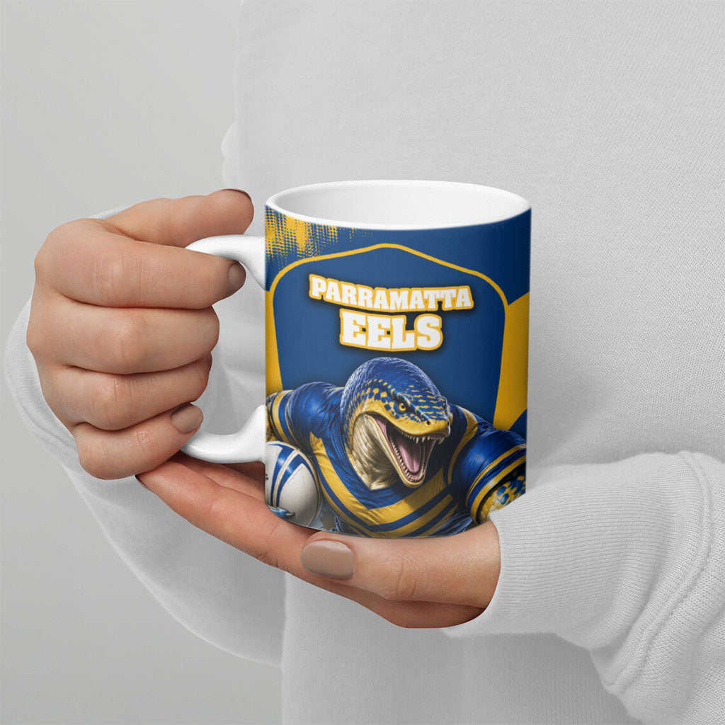 Personalised Parramatta Eels Mascot Rugby Ceramic Mug Parramatta Cityscape Athletic Graphic Print