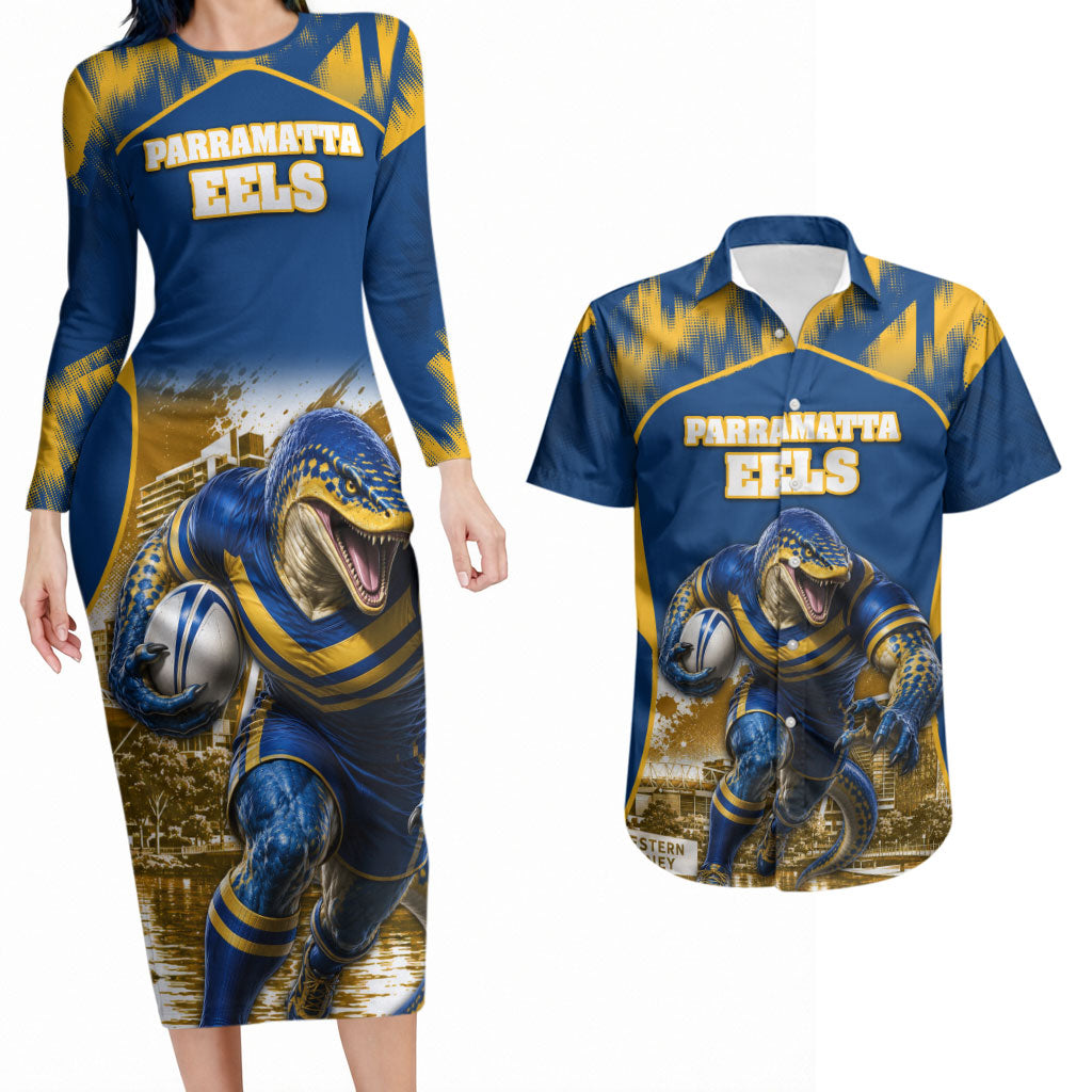 Personalised Parramatta Eels Mascot Rugby Couples Matching Long Sleeve Bodycon Dress and Hawaiian Shirt Parramatta Cityscape Athletic Graphic Print