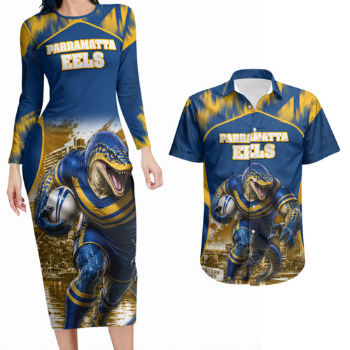 Personalised Parramatta Eels Mascot Rugby Couples Matching Long Sleeve Bodycon Dress and Hawaiian Shirt Parramatta Cityscape Athletic Graphic Print
