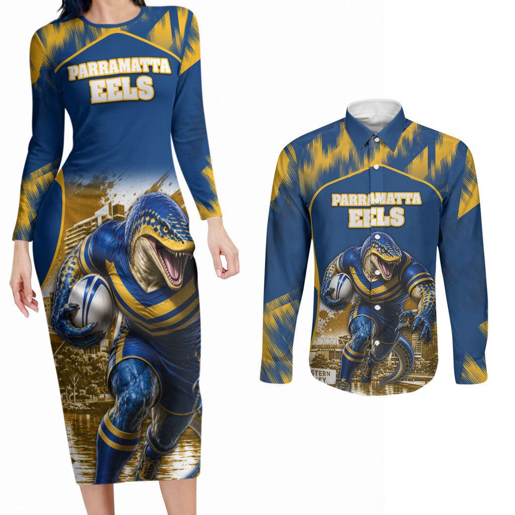 Personalised Parramatta Eels Mascot Rugby Couples Matching Long Sleeve Bodycon Dress and Long Sleeve Button Shirt Parramatta Cityscape Athletic Graphic Print